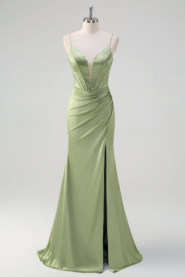 Sirena verde Spaghetti Straps Corsetto Abito da cerimonia lungo in rilievo con fessura